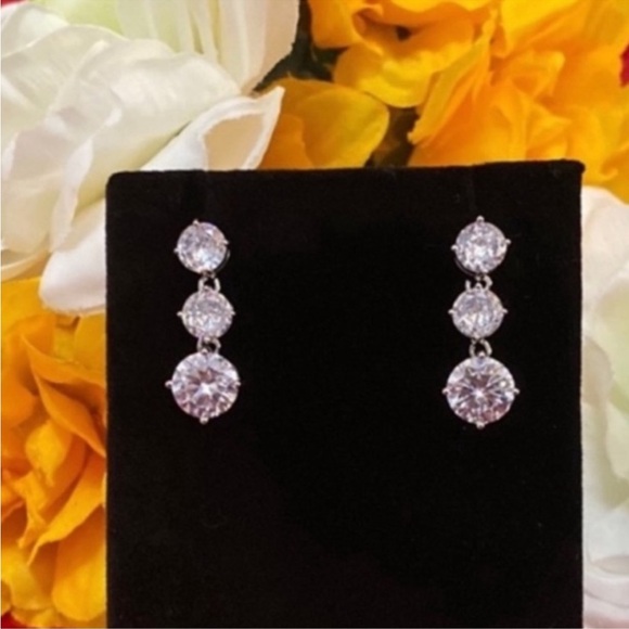 Solitaire CZ Diamond Stud Dangling Three Tier Earrings 925 Silver NEW - Picture 1 of 3